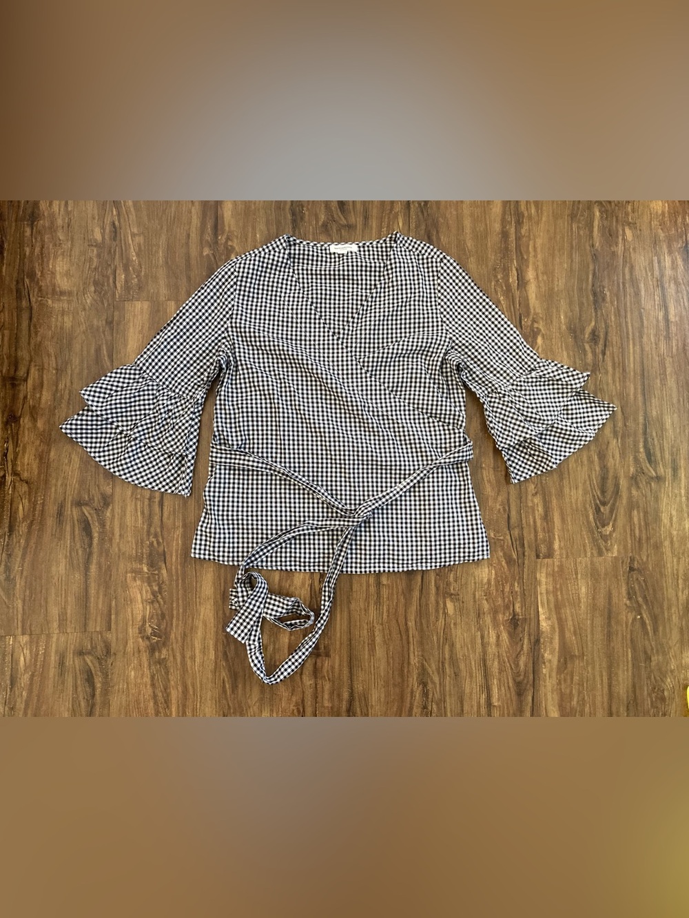 Wrap-Style Gingham Blouse with Ruffled Sleeves - Black & White Women’s Medium